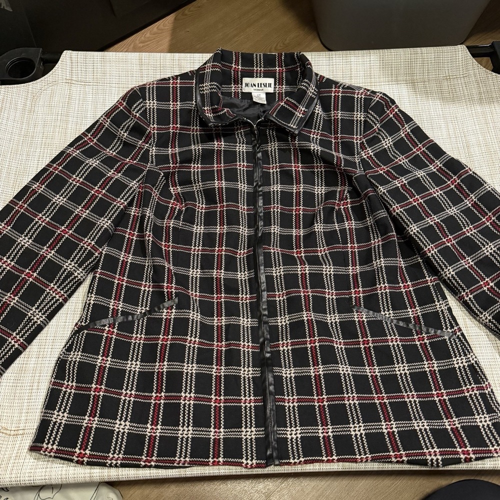 VINTAGE Joan Leslie Zip Jacket Blazer Plaid US 16 Black Red Tweed Check Pockets